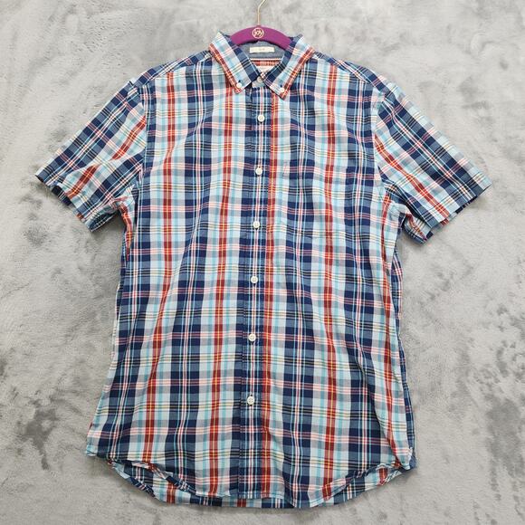 HAWKER RYE Shirt Men M Blue Red Plaid Essential Wash Short Sleeve Stretch Cotton - Picture 1 of 10